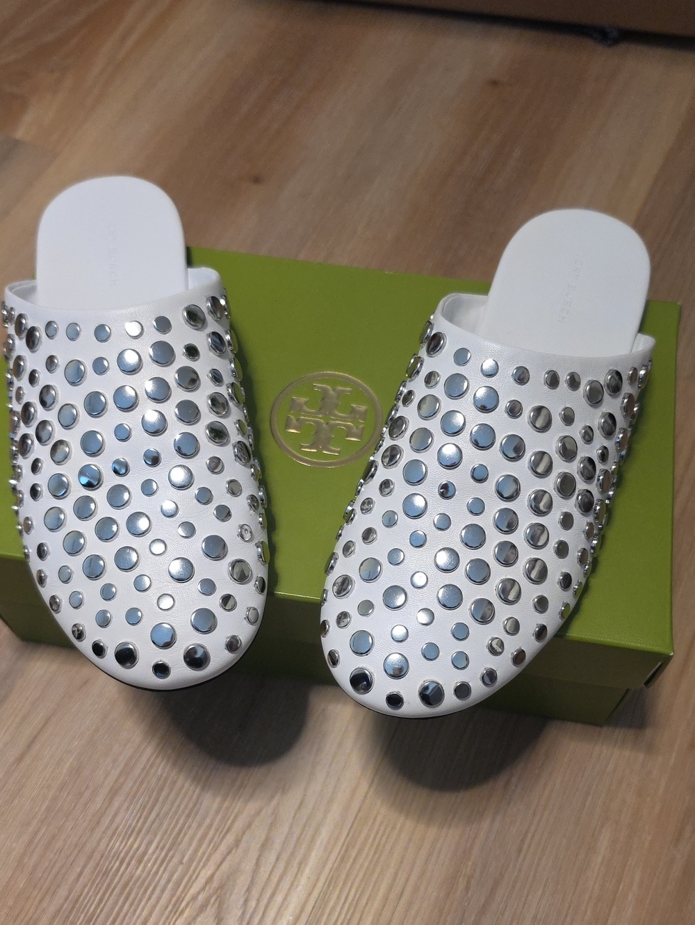 Tory Burch White Leather Studded Mule Slides